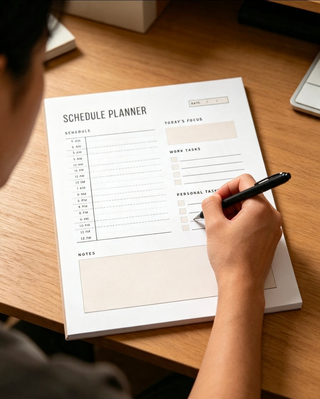 Close up of hands using a pen to block time on a printable daily routine tracker notes sheet